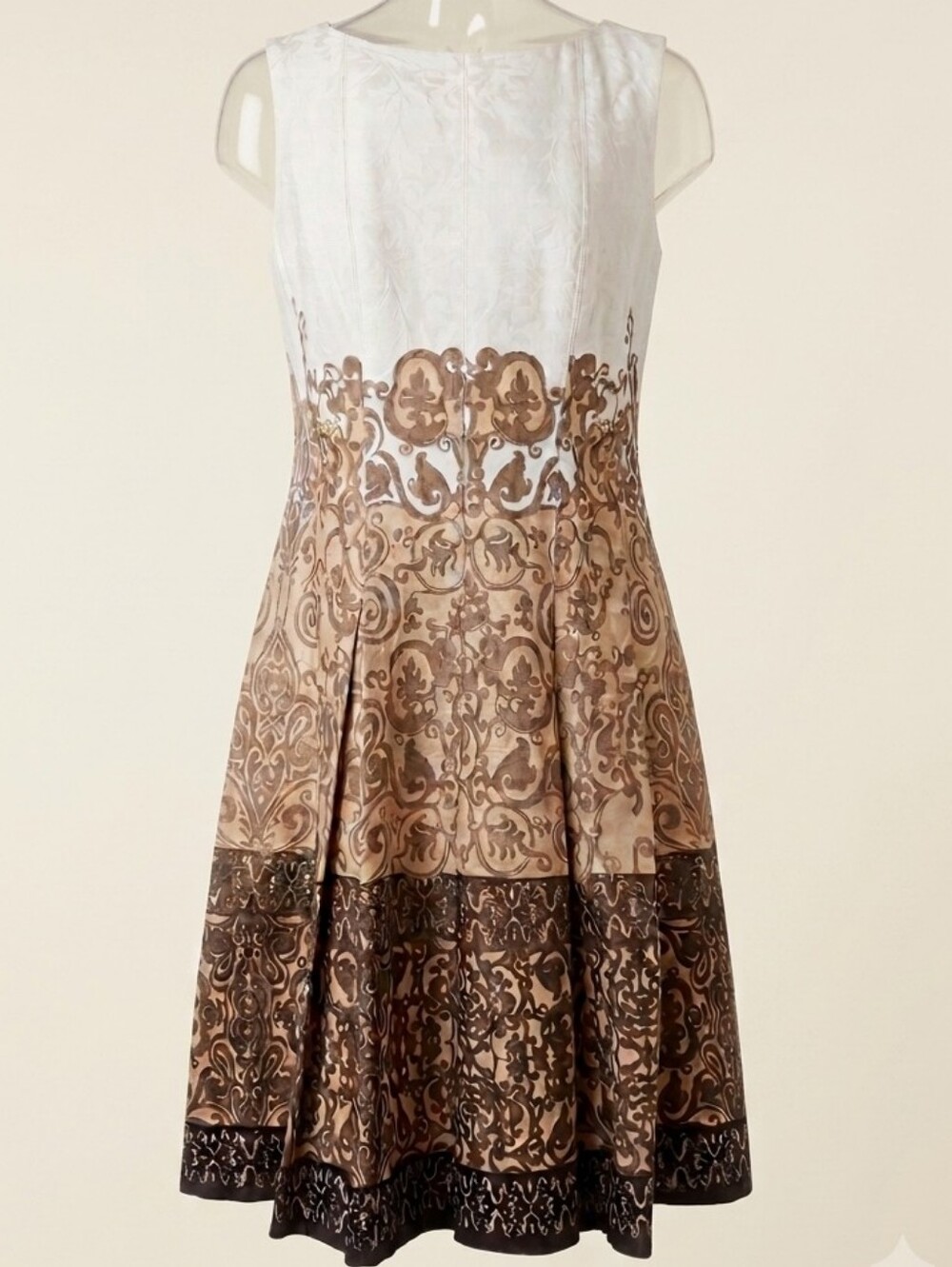Sleeveless Cream and Brown Patterned Fit-and-Flare Dress